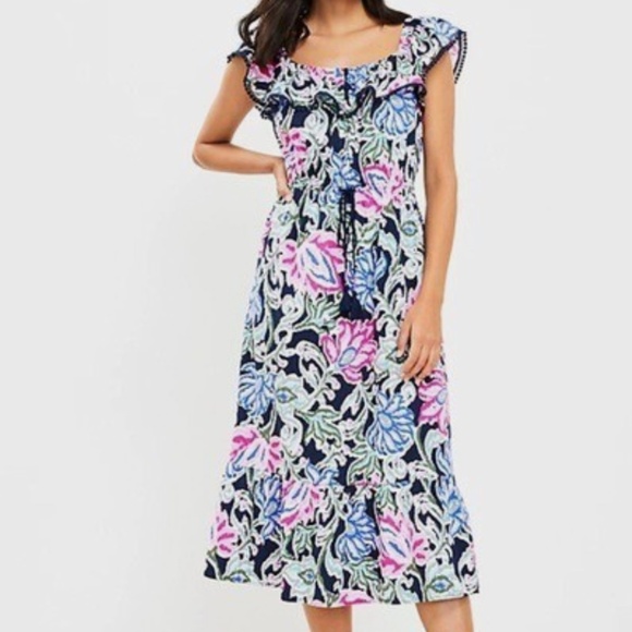 LOFT Floral Ruffle Neck Midi Dress w/ Pom Pom On or Off Shoulder - Picture 1 of 8